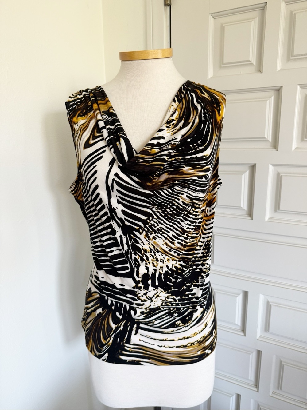 Calvin Klein Swirl Animal Print Tank Blouse Top Black, White Gold Tan Cowl Neck
